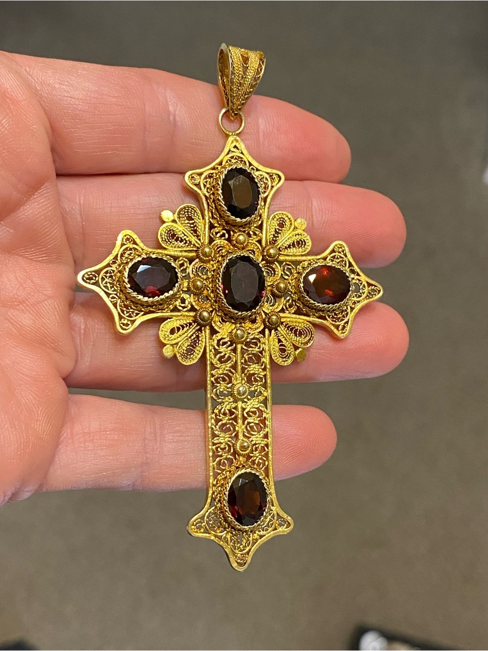 Vintage Gilt Sterling Silver Red Garnet Large Cross Pendant 925 - Picture 10 of 15